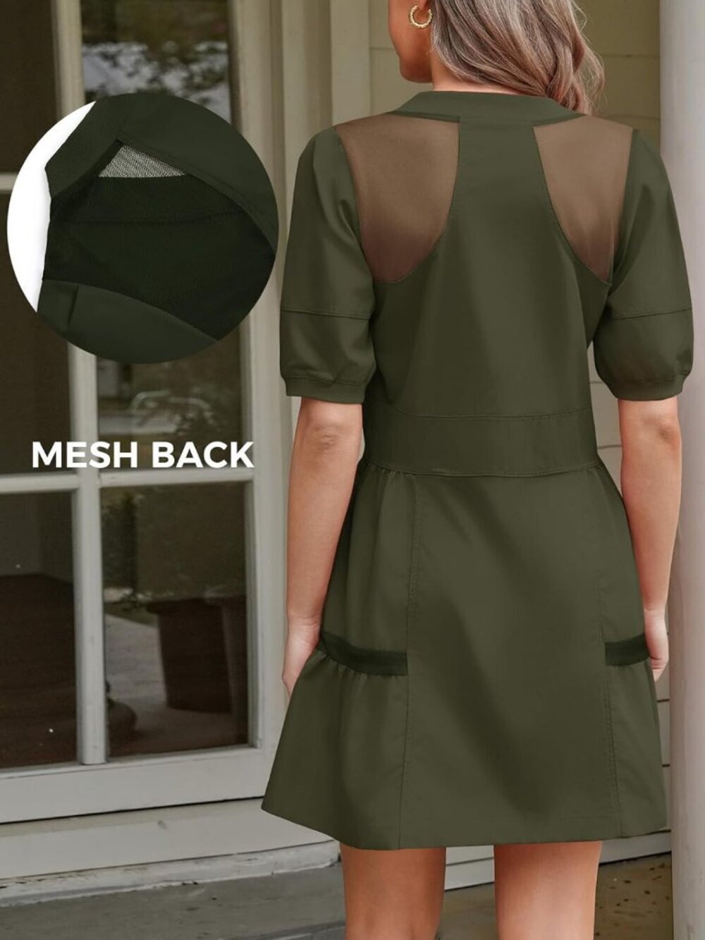 Women's Army Green V Neck Loose Mesh Back with Short Sleeve Half Zip Mini Dress - Picture 4 of 5